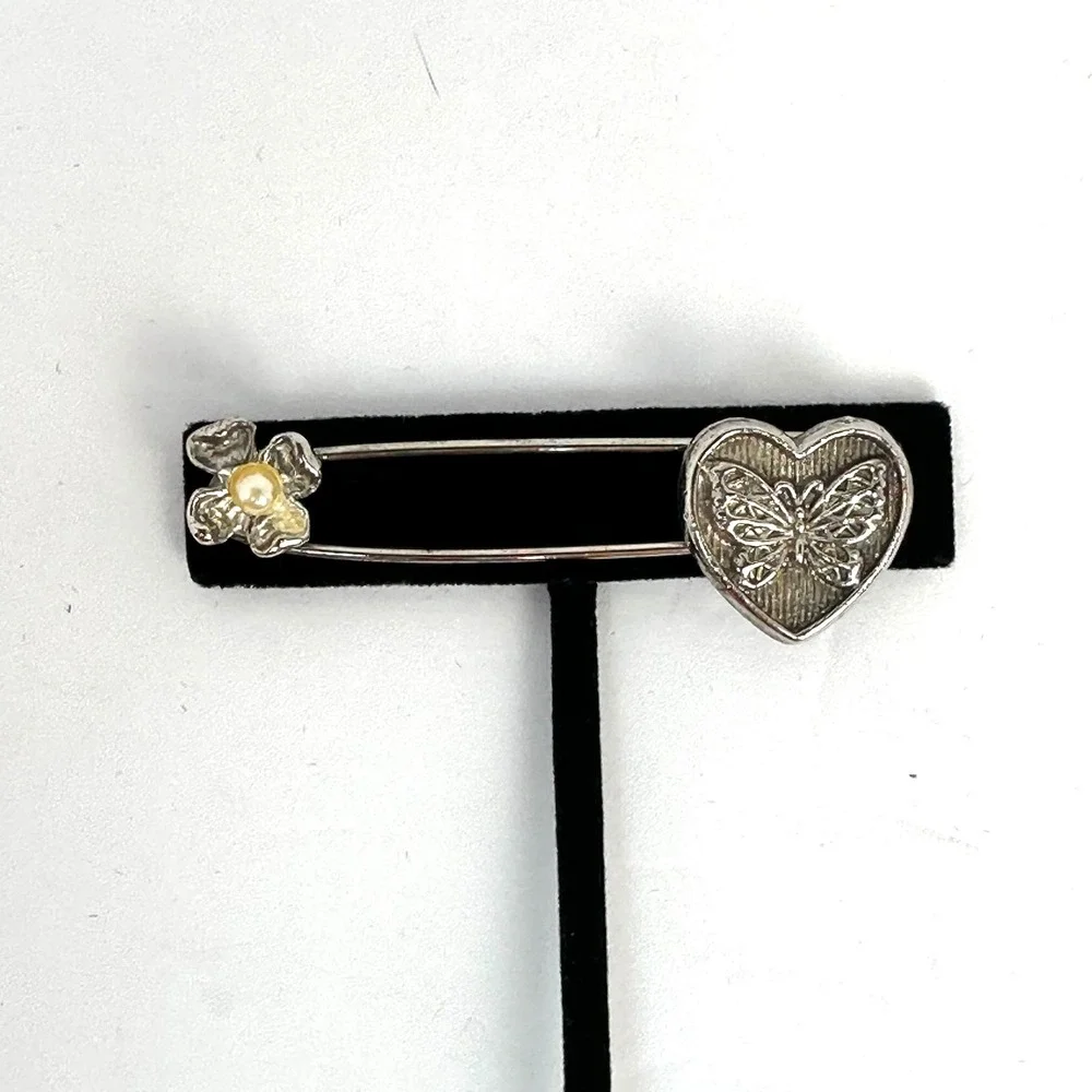 Vintage Style Butterfly Heart Flower Safety Pin Brooch Women OS Silver Tone Pin